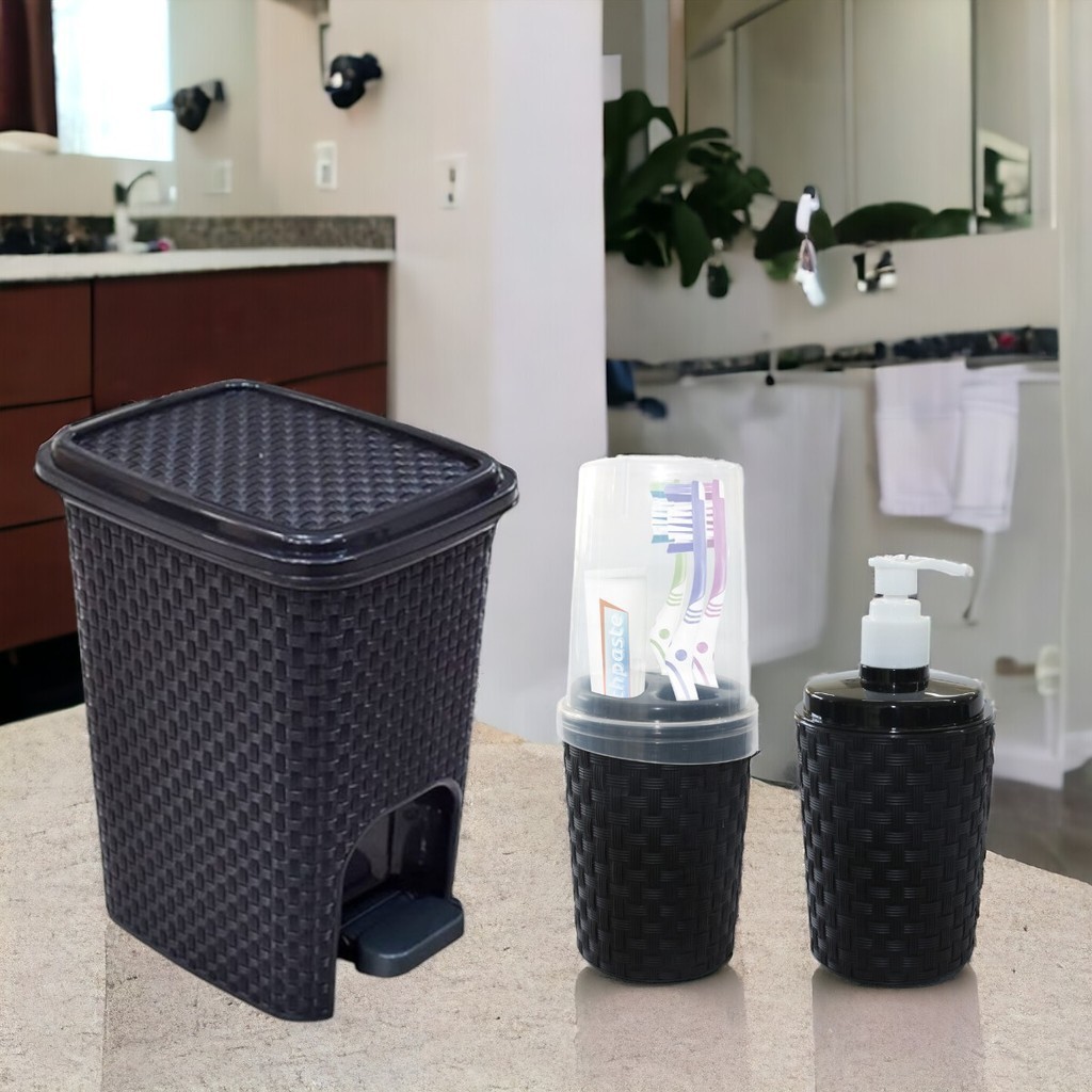 Kit Banheiro Lixeira Rattan 07 litros com Pedal + Porta Detergente + Porta Escovas- CASA - ELEGANTE