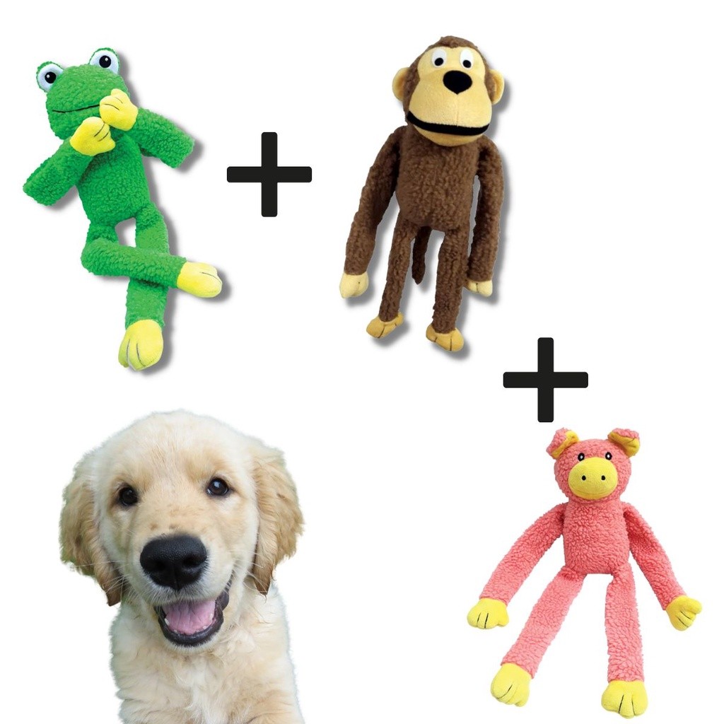 Kit 3 Brinquedo de Cachorro Grande Pet Pelúcia Macaco Sapo Porco Mordedor Interativo com Apito Som