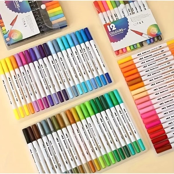 Kit com 48 Unidades de Brush Pen Caneta 2 em 1 Caneta Marcadora Ponta Dupla Fine Line Pincel Lettering