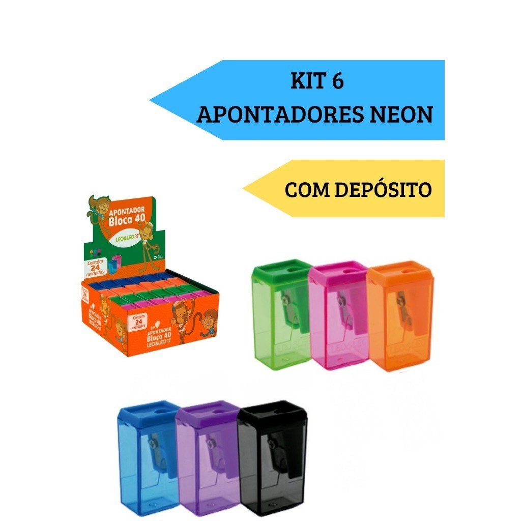 Kit 6 Apontadores Com Depósito Bloco 40  NEON Trend Escolar Escritório Leo&Leo