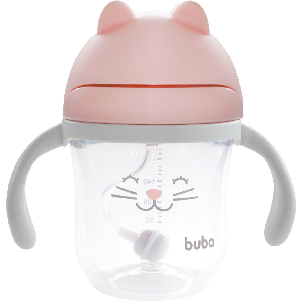Copo Com Canudo Anticólica Buba Gatinha Rosa Garrafinha Canudo