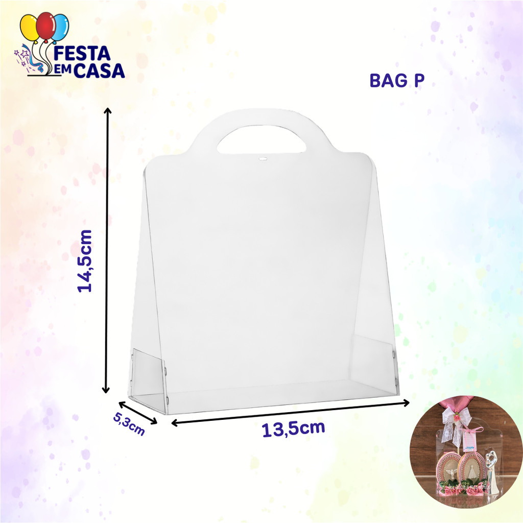 Kit 5 Sacolas Bag Cristal com Alça Acetato - Tamanhos P, M e G - Presente Dia das Mães Pais Namorado