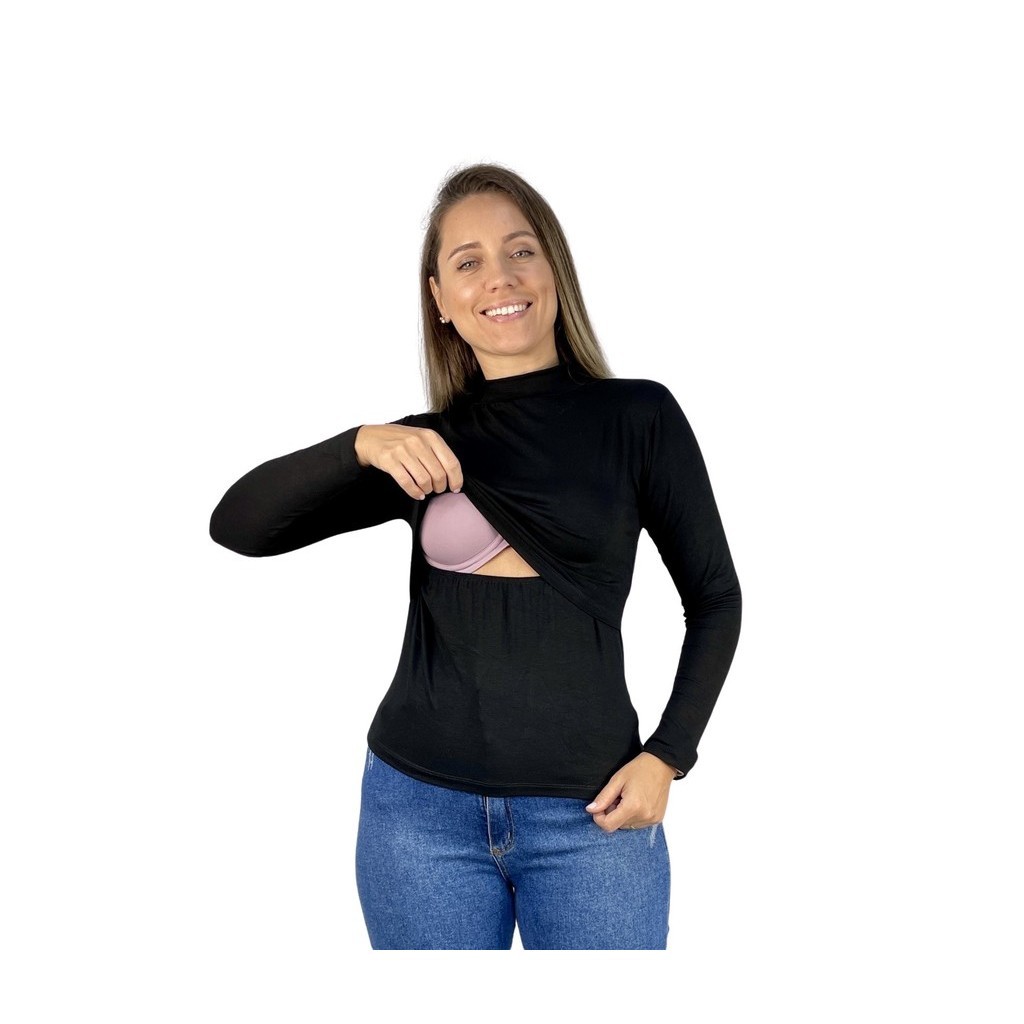 Blusa Amamentação Slim Gola Alta Diversas Cores Premium Camiseta Gestante Amamentar Manga Longa