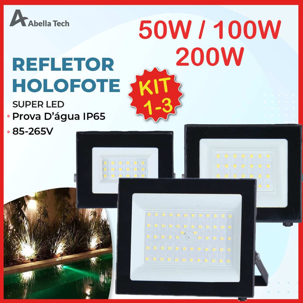 Kit 1/2/3/4 Holofote Refletor Led ECO Pro 200W 100W 50W Luz Fria 6500K IP65 Bivolt Iluminação Externa