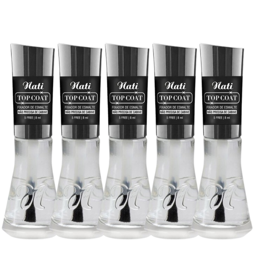 Kit 5 Top Coat Fixador Nati Base Extra Brilho Esmalte Nati Longa Duração Não Precisa de Cabine