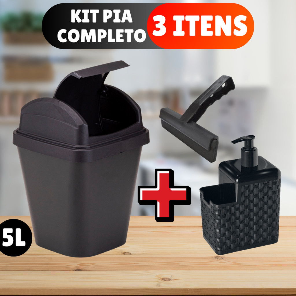 KIT Lixeira 5L com Tampa + Porta Detergente + Rodinho de pia Kit com 3 peças