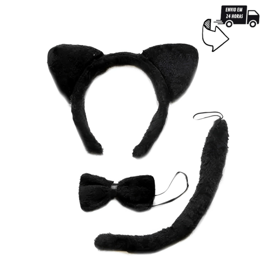 Kit Gato Tiara Rabinho e Gravata Fantasia de Gato Onça e tigre para Festas e Carnaval