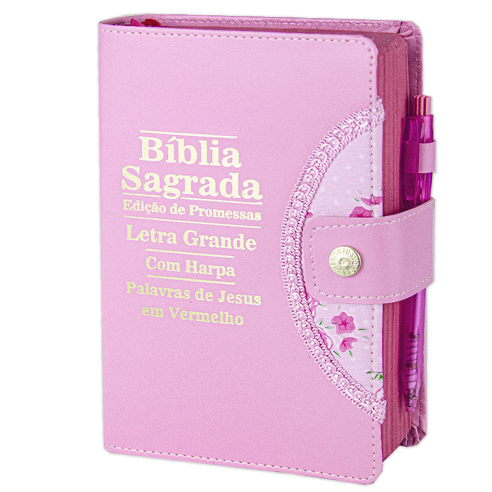 Bíblia Sagrada Letra Grande - Rosa - Botão e Caneta Revista e Corrigida - Com Harpa