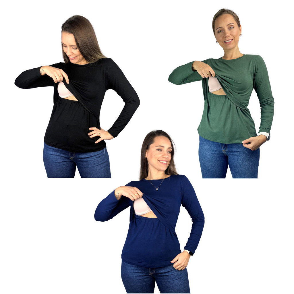 Kit 3 Blusa Amamentação Diversas Cores Premium Camiseta Manga Longa Gestante Grávida Maternidade