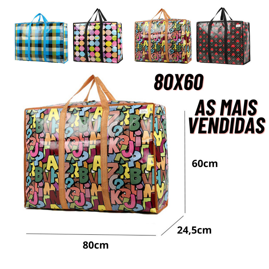 Sacola de Feira Grande Zíper Impermeável Sacoleira Ziper Resistente - Viagens Compras Estampas Sortidas
