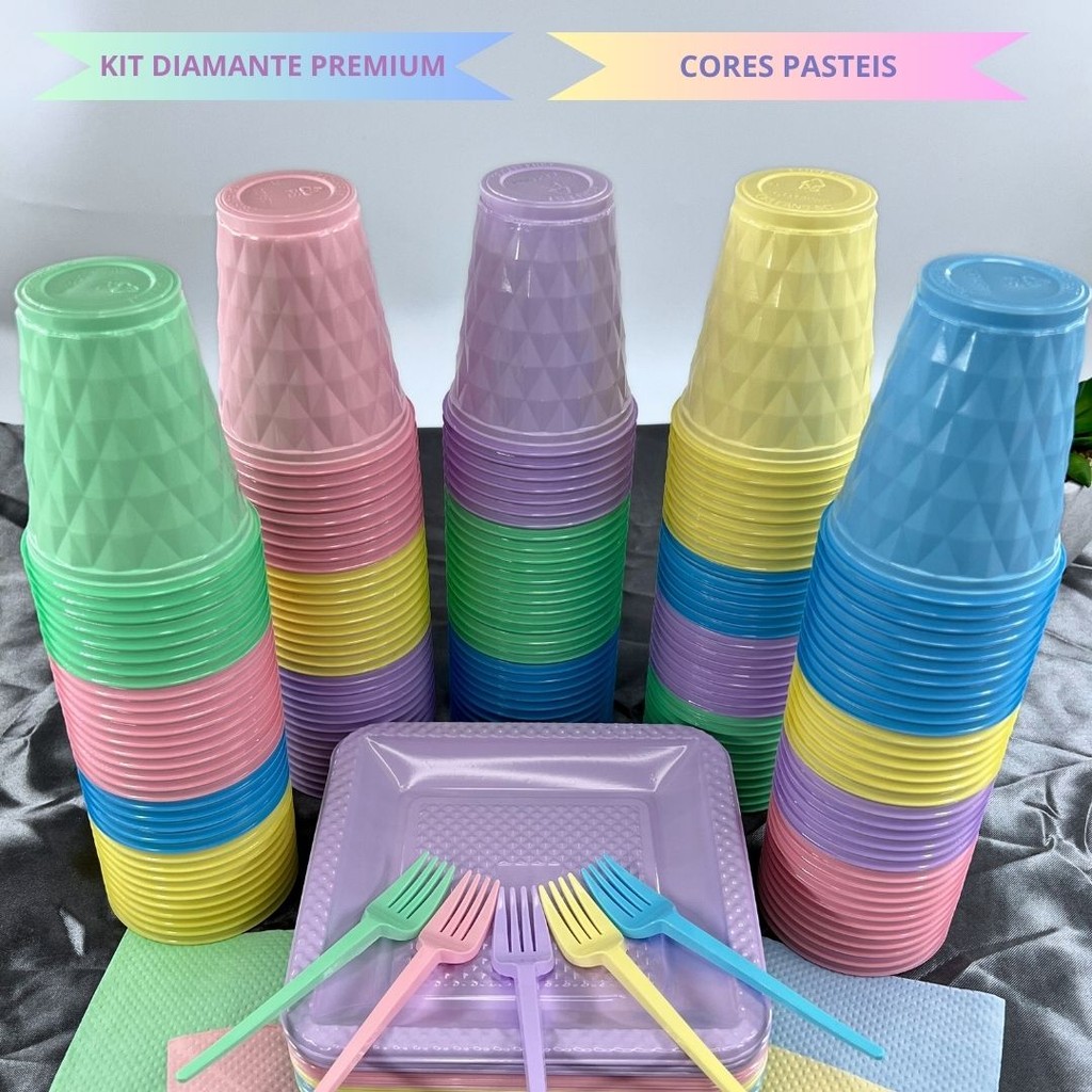 Kit 180 Itens Festa Aniversário Completo Premium Candy Descartável  Prato Copo Garfo Guardanapo Cor Pastel P/40 Pessoas