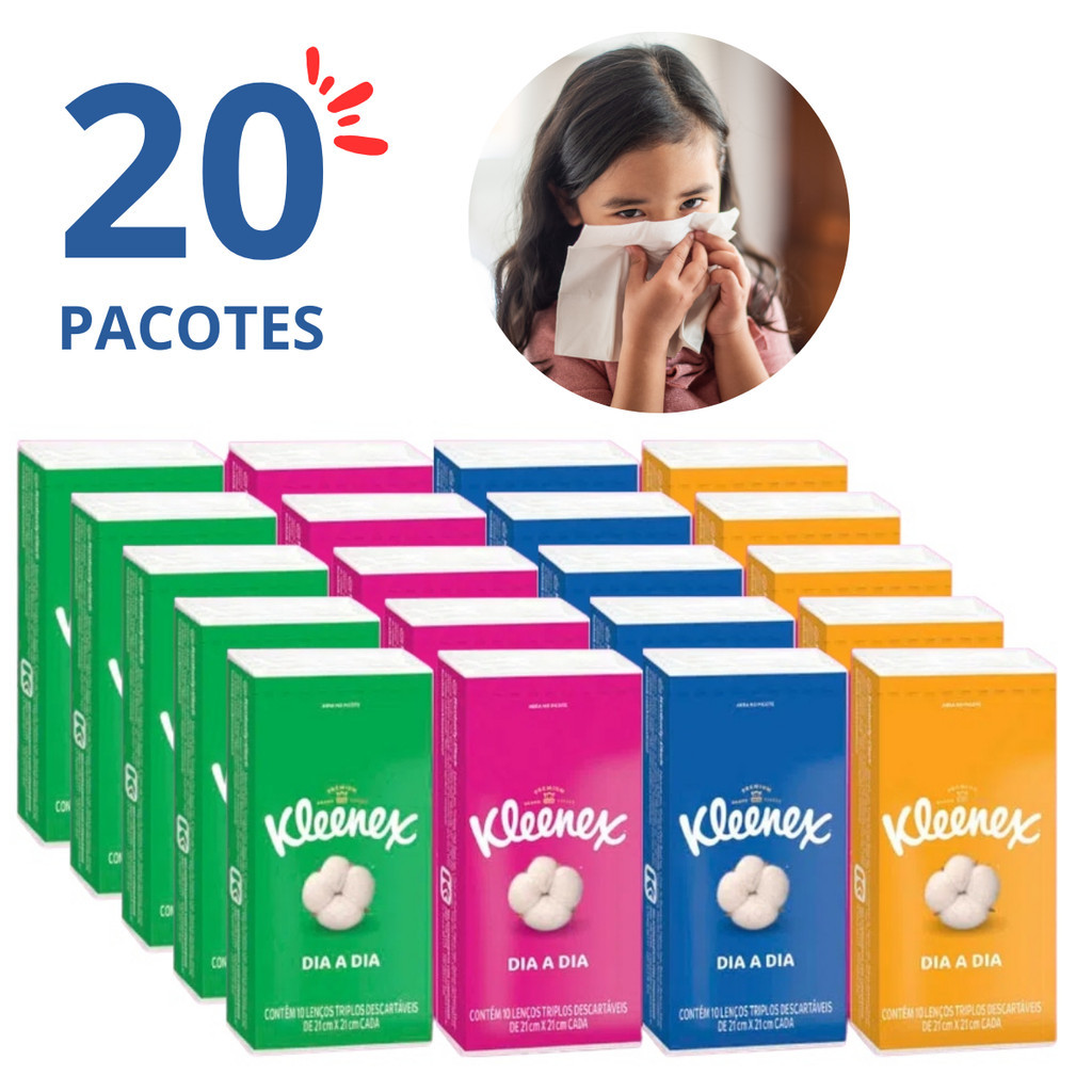 Lenço de Papel Triplo Kleenex Kit 20 Pacotes com 10 Unidades cada