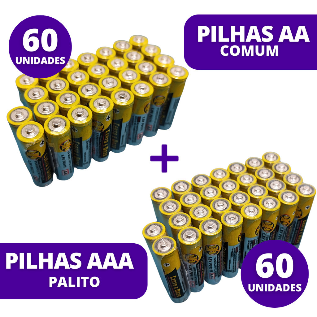 Kit 60 Unidades Pilhas AA Comum + 60 Unidades Pilhas AAA Palito