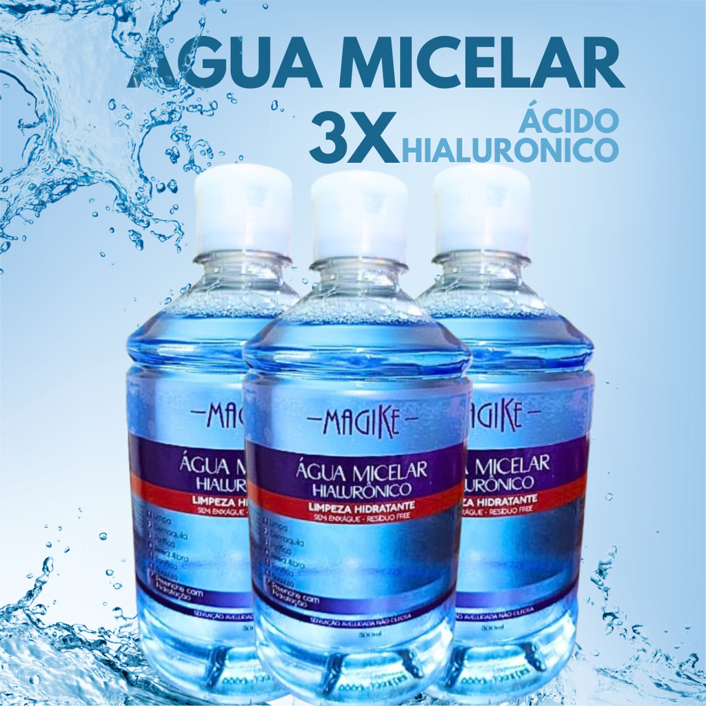 KIT 3 Agua Micelar Magike Ácido Hialurônico Hidratação E Limpeza 500ml