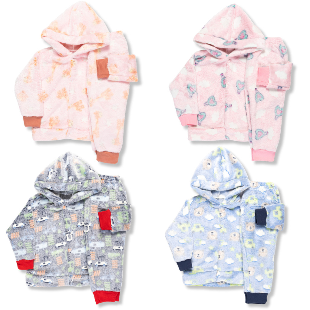 Kit 4 Peças Roupa Infantil Frio Inverno  - 2 Conjunto Fleece Lúdico Brilha No Escuro Menino Menina