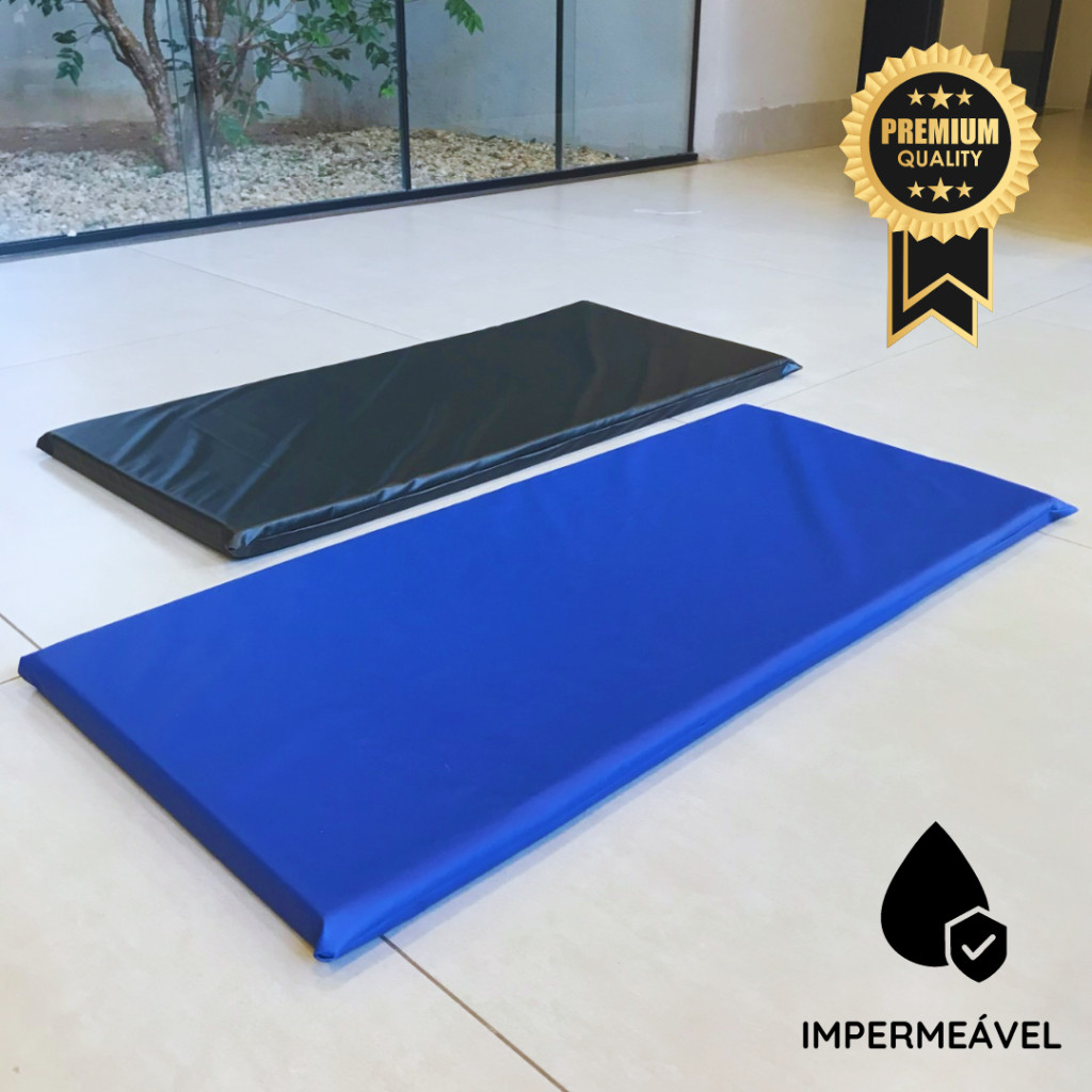 Colchonete de Academia 90x40x3,00 a 2,90 cm Compacto Espuma Macia D23 Impermeável Azul Preto Pilates