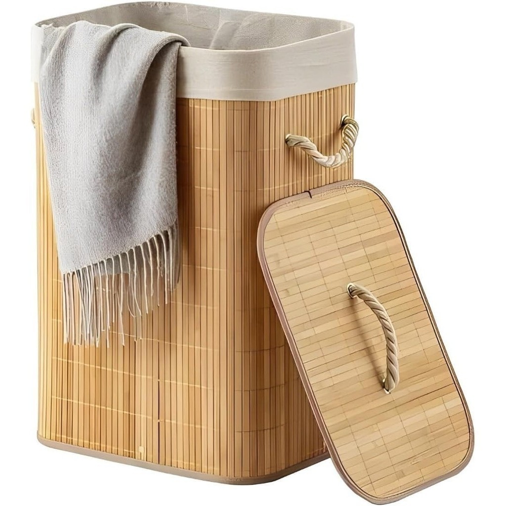 Cesto De Roupa de Bambu Dobravel Organizador 60Litros Forrado Banheiro 60cm Grande Cesto Retangular