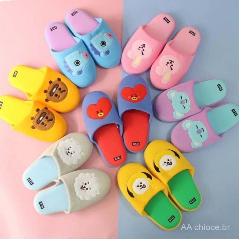 KPOP BTS Mulheres/Homens Unisex BT21 Chinelos Animados De Inverno Quente Piso Macio De Pelúcia Doméstico Sola Antiderrap