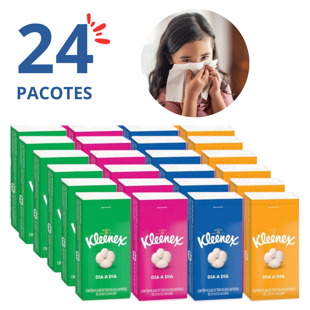 Lenço de Papel Triplo Kleenex Kit 24 Pacotes com 10 Unidades cada