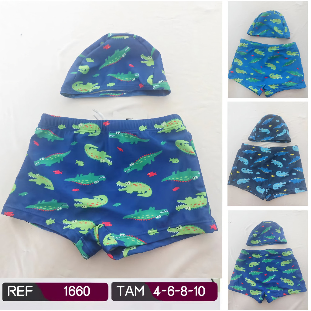 Sunga Infantil Com Touca Natação e Banho crocodilo do 4 ao 10 anos Moda Praia e Piscina
