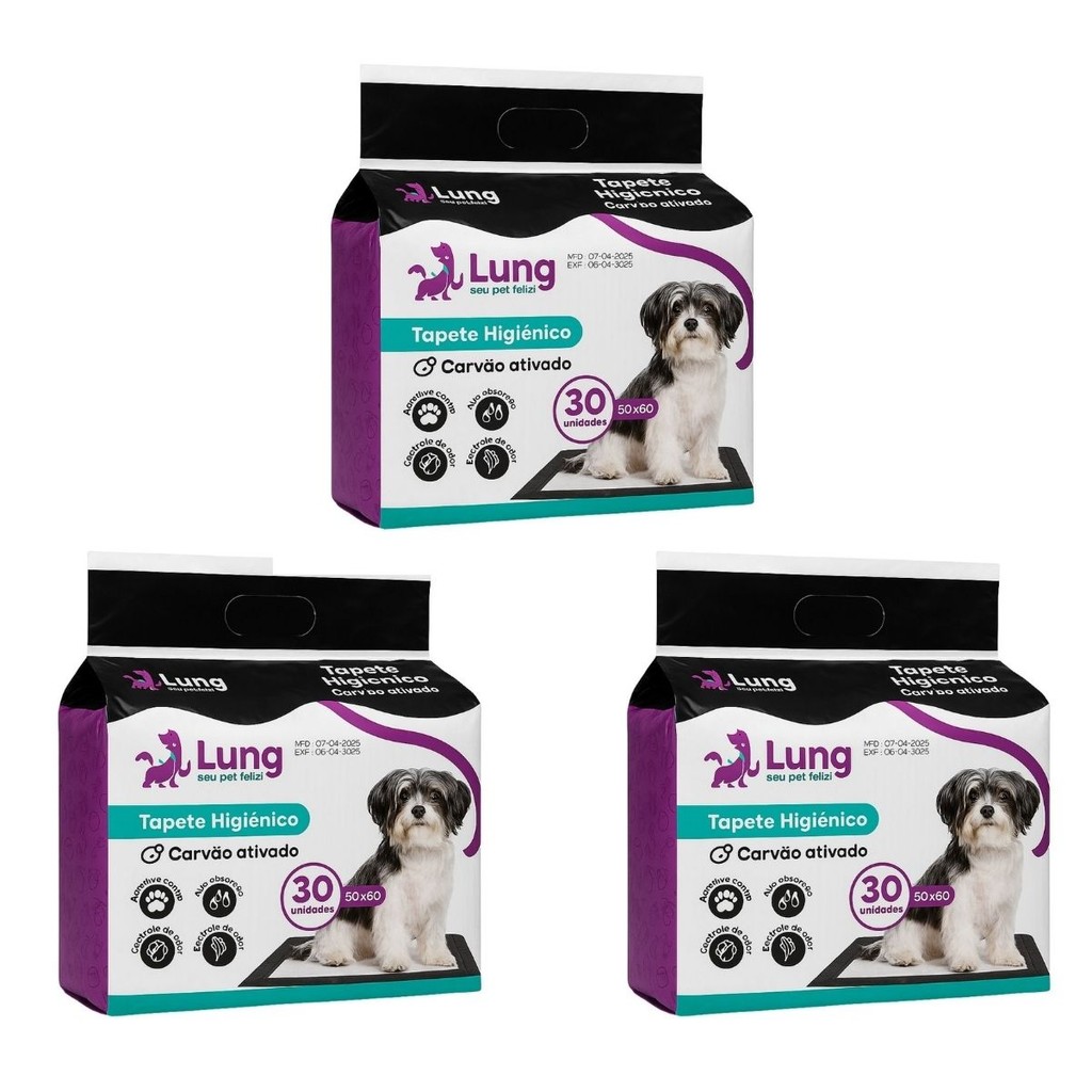Kit 3un Tapete Carvão para Cachorro Higiênico com colante Pet 60x50cm 90 Unidades Carvão