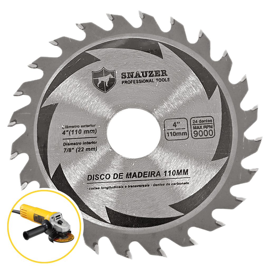 Disco Madeira Serra Circular Para Esmerilhadeira 24 Dentes 110mm 9.000 RPM Snauzer