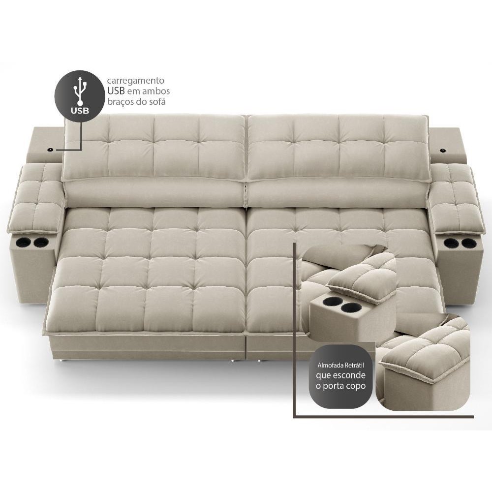 Sofá com Porta Copos e Carregador USB Ret Rec Luke 2,50m Veludocristal - NETSOFAS