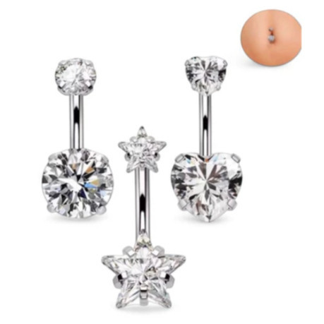 Piercing Umbigo Zircônia Aço Cirúrgico Inox Estrela Coração