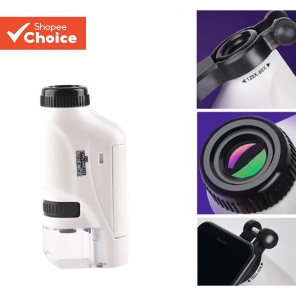 Mini Microscópio De Bolso 60-120x Para Portátil De Laboratório Infantil Com Lupa Luz Led