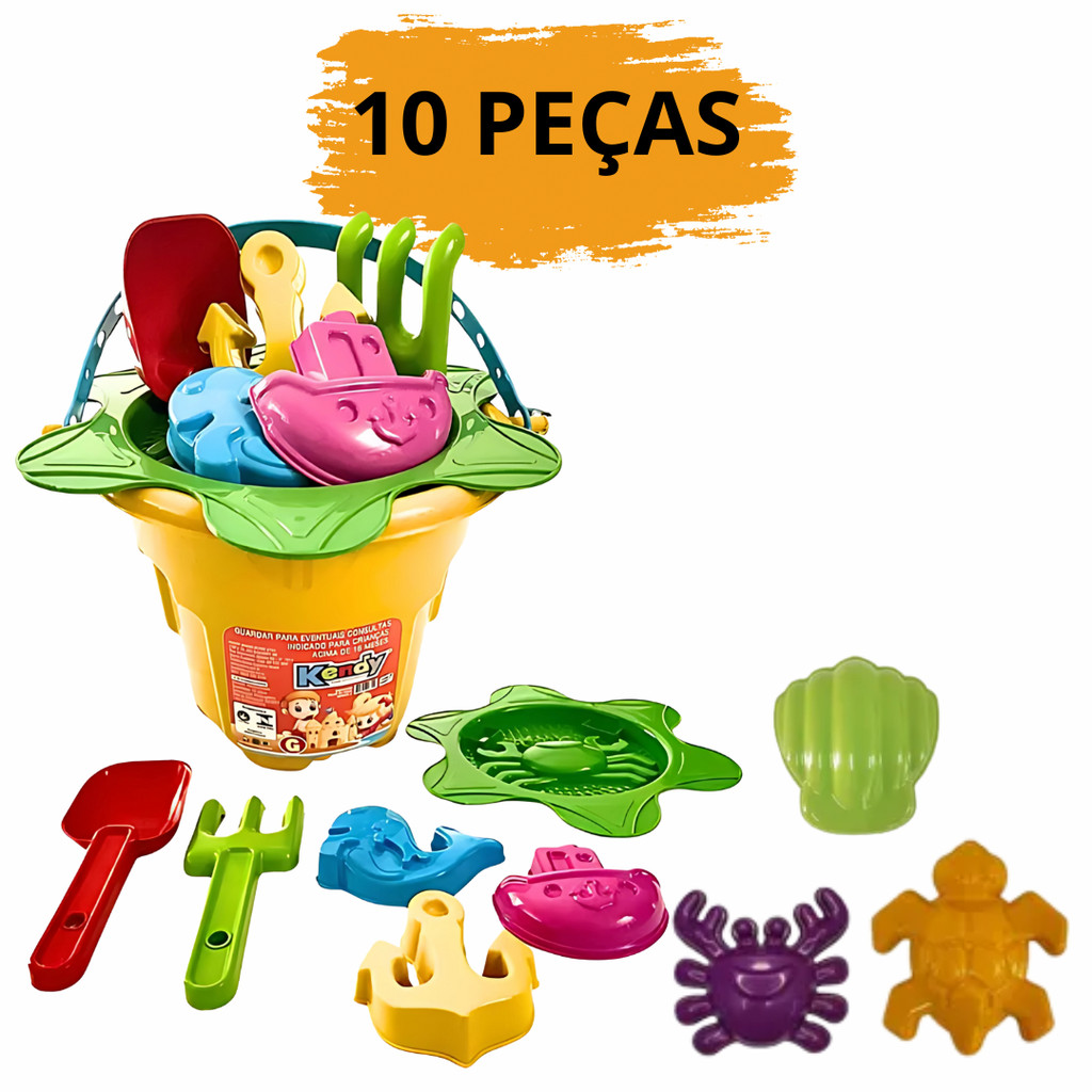 Balde Baldão Praia 10 Peças Colorido para Bebês e Crianças