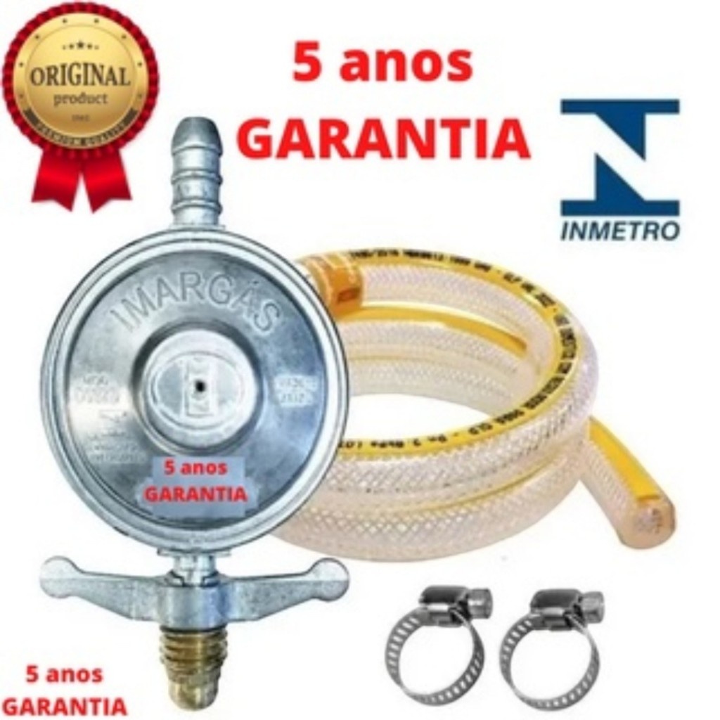Kit Registro Regulador de Gás + Mangueira 1,25m com Abraçadeira Compatível com Fogão e Botijão