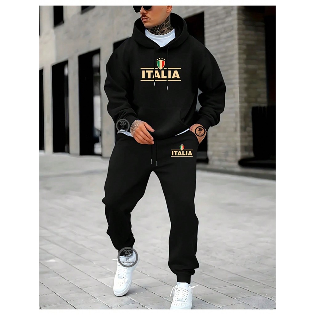 Conjunto Moletom Italia Estampado  Blusa de Frio Calça moletom Abrigo de inverno com capuz e Bolso streetwear Flanelado