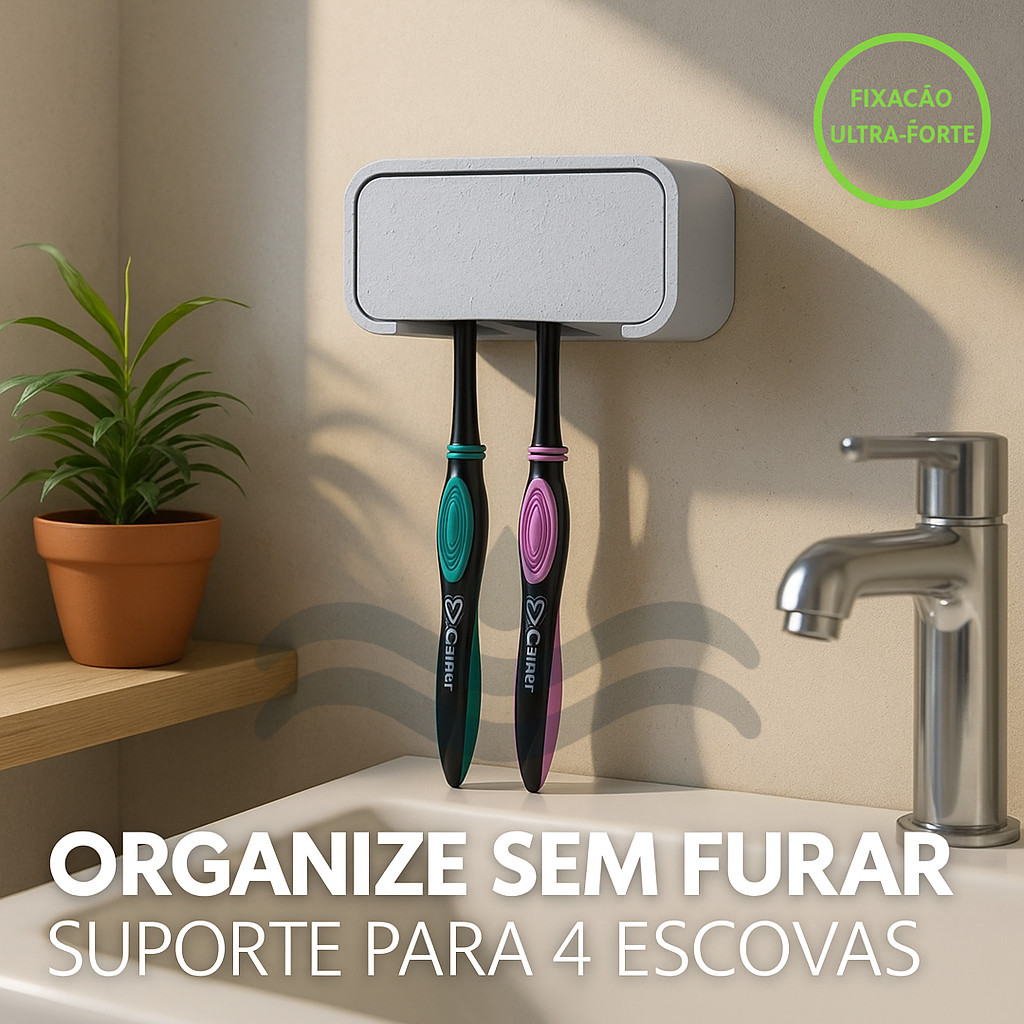Porta Escovas de Dente Parede – Fixação Sem Furo – Suporte Para 4 Escovas + Fita Dupla Face Forte