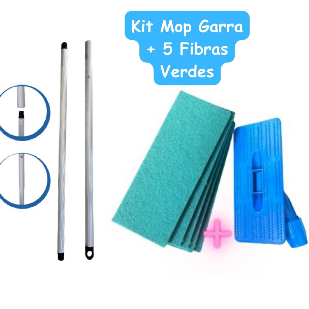 Kit Rodo Mop Articulado Flexivel com Garra + 5 Fibras Verde Limpa Pisos e Azulejos + 1 Cabo Aluminio Retratil