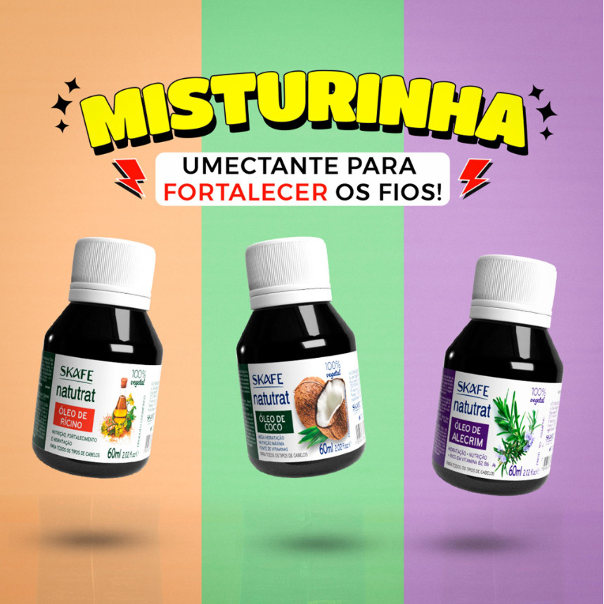 Kit Terapia Capilar Óleo de Coco + Rícino + Alecrim Natutrat 60ml Skafe Cosméticos