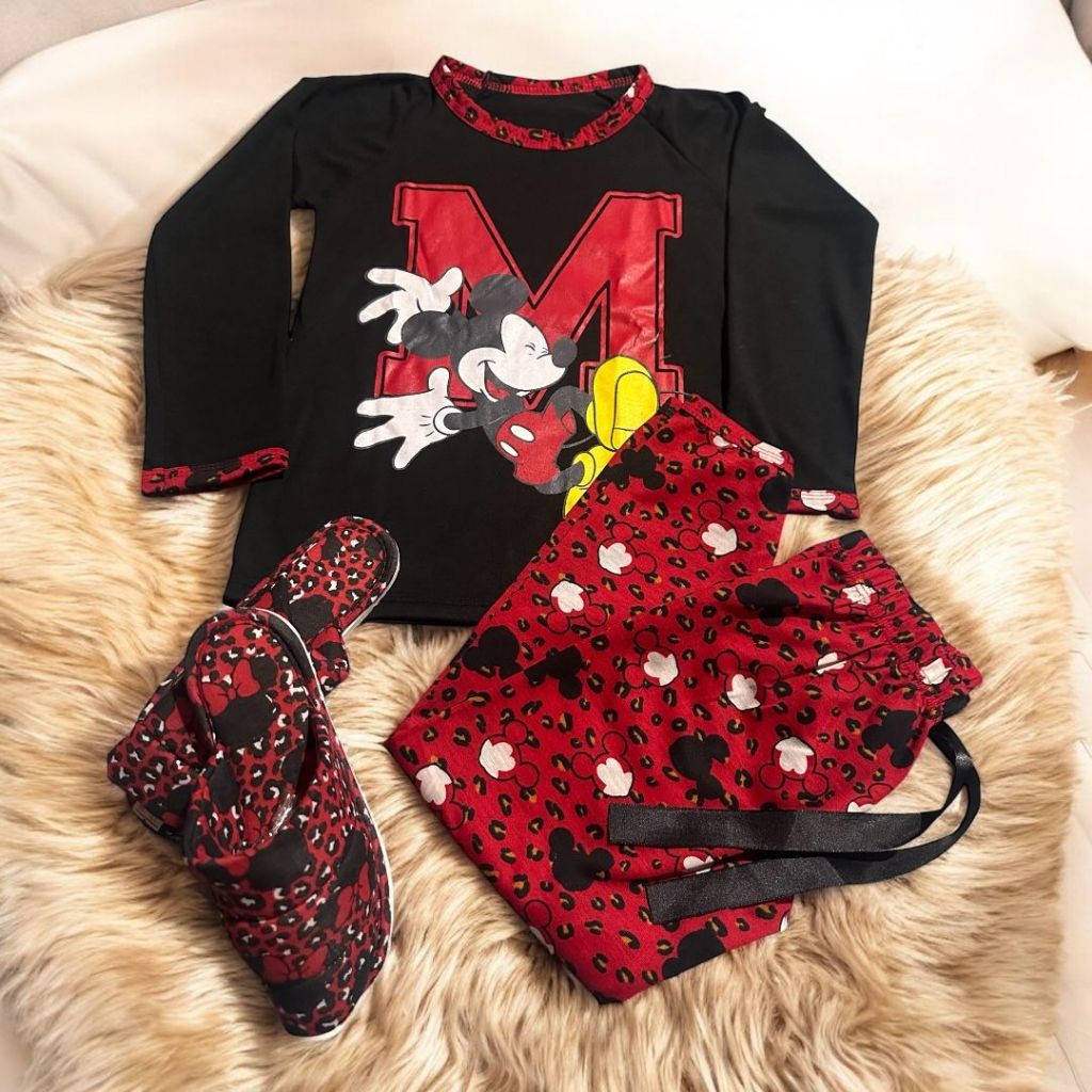 Kit 1 Pijama feminino INFANTIL Longo +1 Pantufa Infantil Feminina  Mickey  Minnei Roupa de Dormir De Frio Manga Comprida