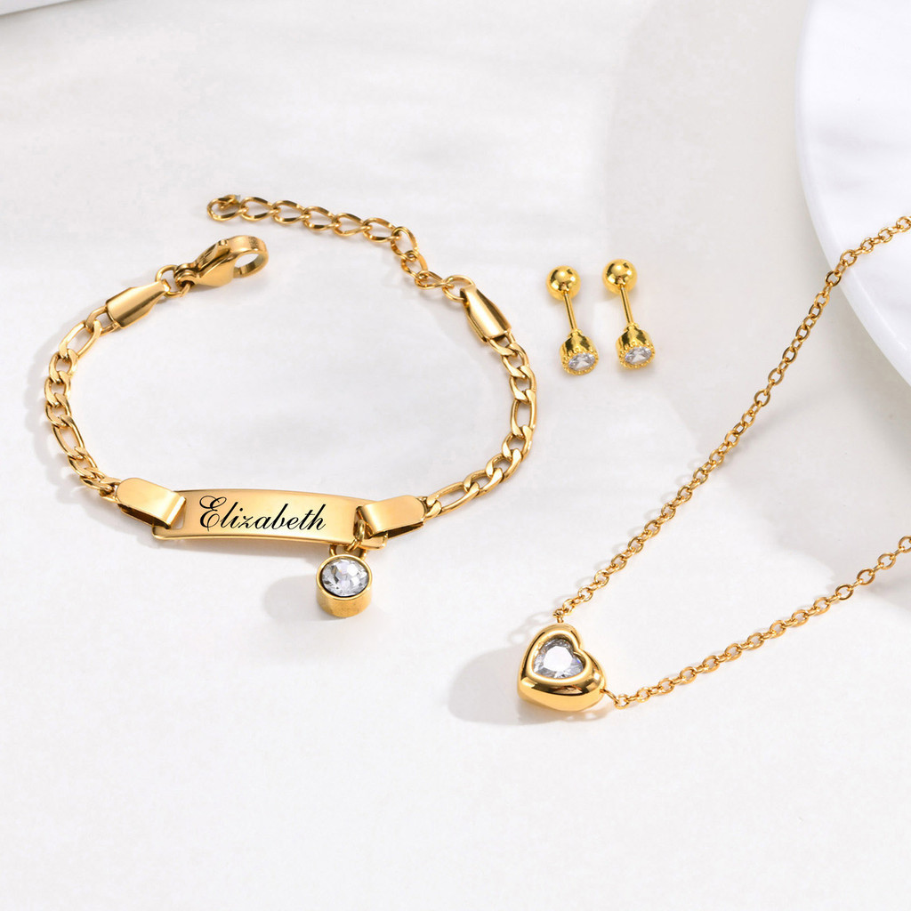 Conjunto De Joias 3 Em 1 Ouro 18K Vnox Para Crianças , Personalizado Cúbico De Zircônia , Brinco Infantil De Aço Inoxidá