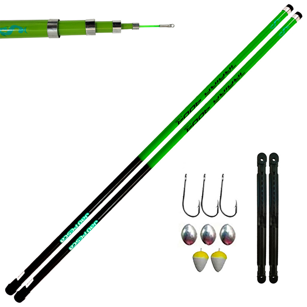 Kit 02 Vara Telescópica Gomo Longo JP Traira 4,00m Verde Jaú Pesca e Ace