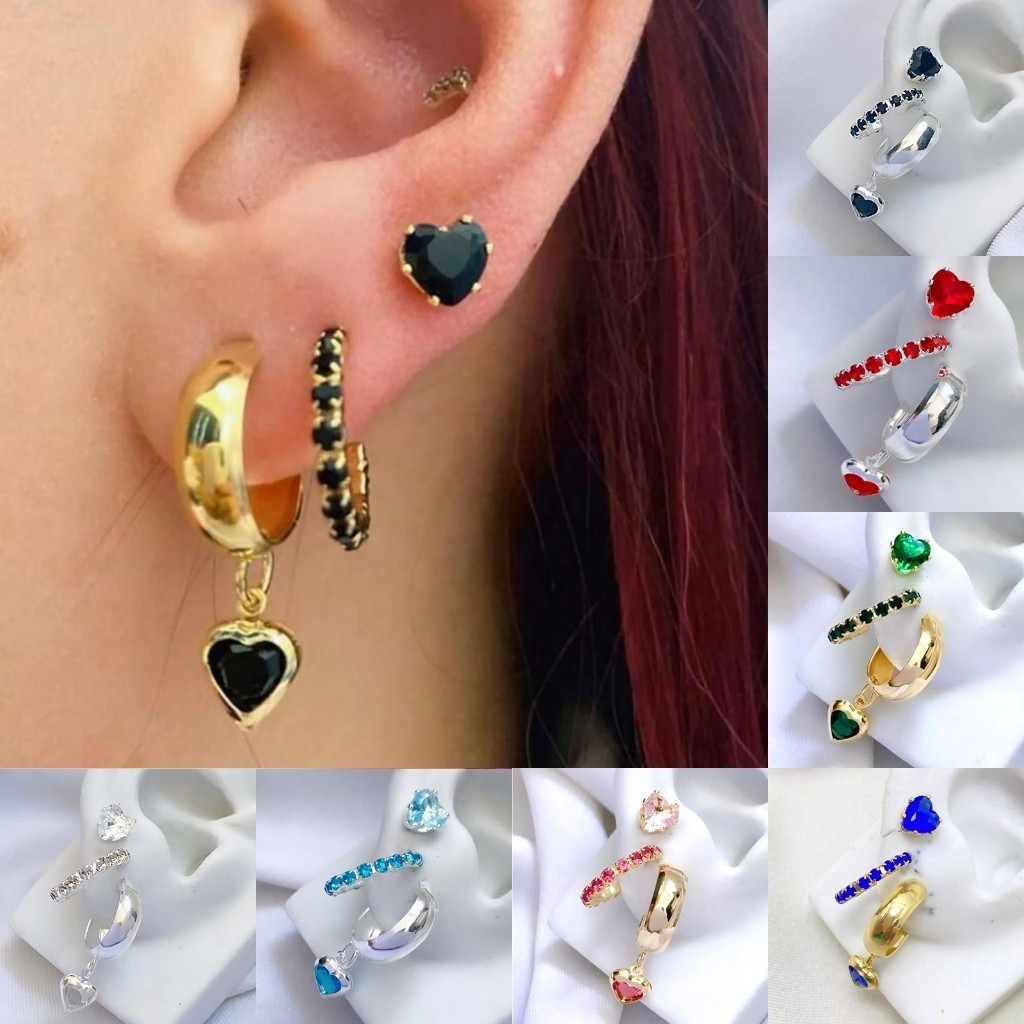 Brincos de argola tripla banhados a Ouro 18K ou prata 925 com lindos cristais de zircônia coloridos