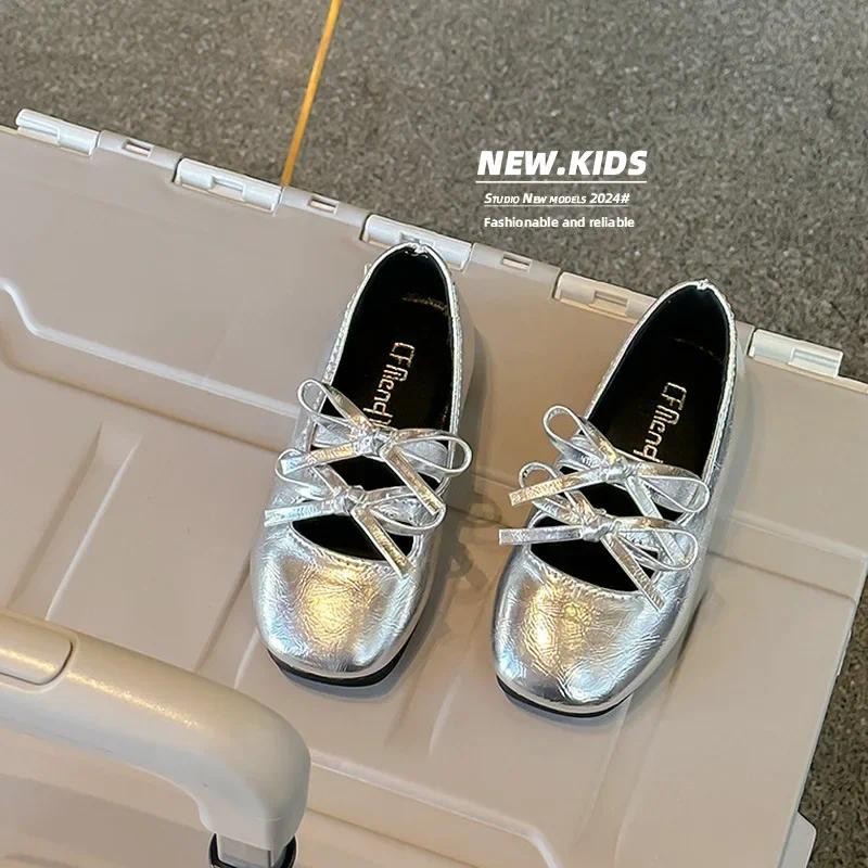 Jogerli Silver Bow Classmate Spring Autumn Shallow Mouth Sapatos De Couro Para Crianças PU Meninas Ballet Princesa Loafer