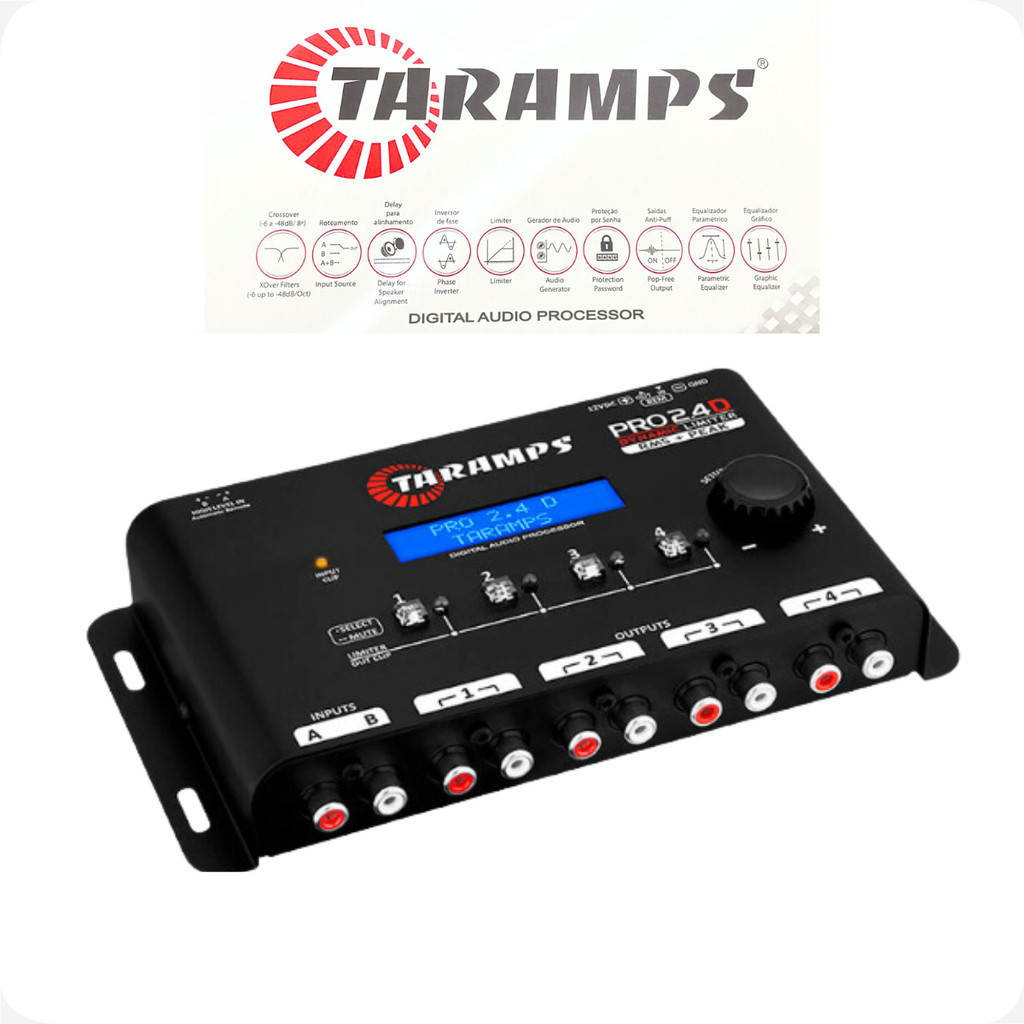 Processador De Áudio Digital Taramps PRO 2.4D 2 Entradas 4 Saídas Equalizador Crossover