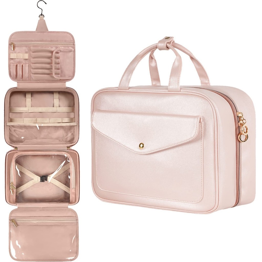 Bolsa de Maquiagem Portátil para Viagem - Organizador de Cosméticos em Couro PU com Grande Capacidade