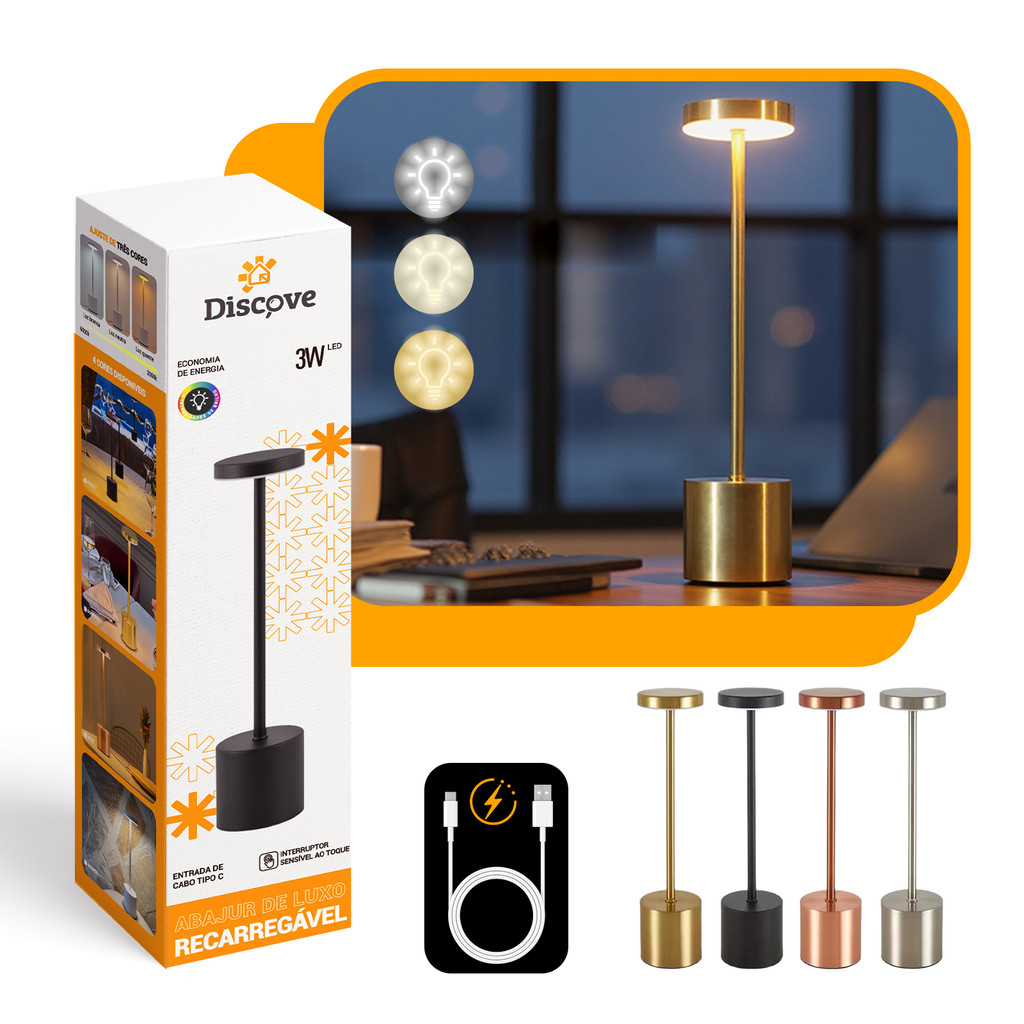 Luminária de Mesa 3 Tons Cabeceira Luxuosa Abajur Recarregável Escrivaninha LED Quarto Candeeiro