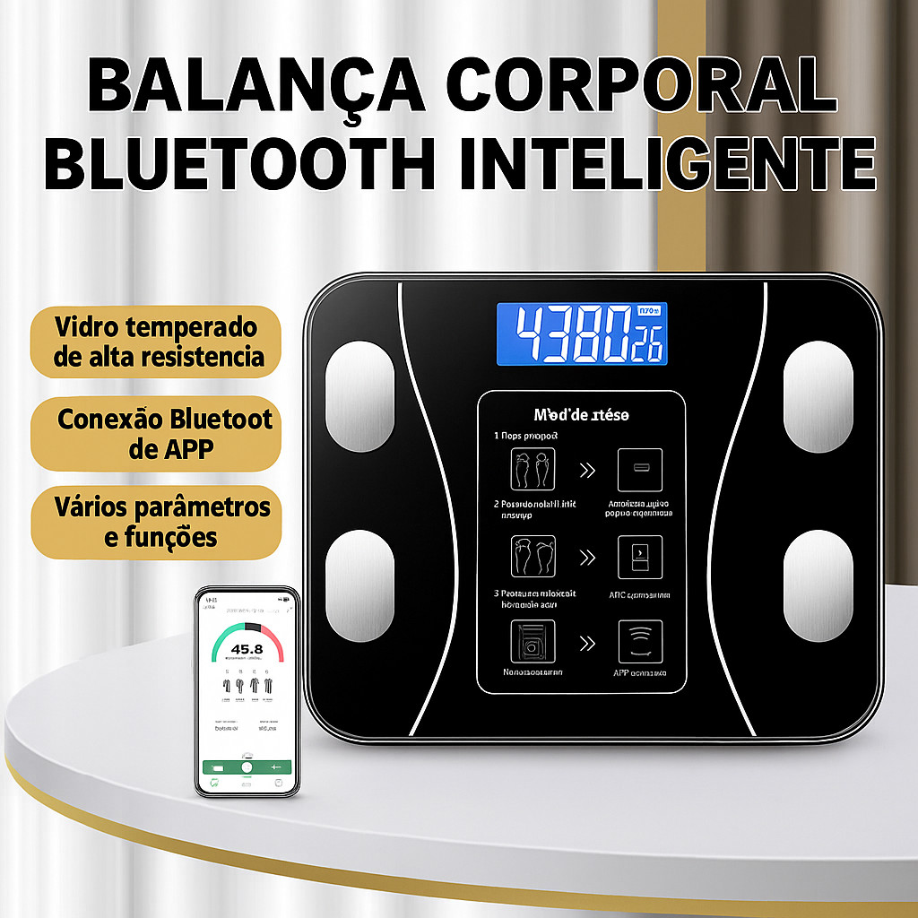 Balança Bioimpedância Corporal APP Carregamento USB Bluetooth Suporta até 180 kg