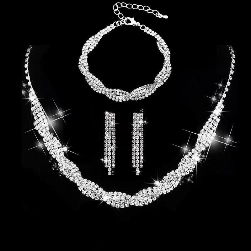 Conjunto de joias de casamento 3 em 1 incluindo colar de diamantes brincos e pulseira Elegante e brilhante