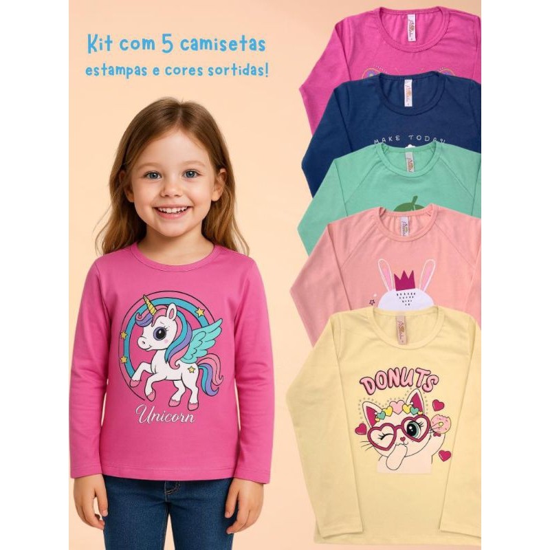 Kit 3 Blusa Manga Longa Infantil Menina Com Silk Pedraria Cores Sortidas