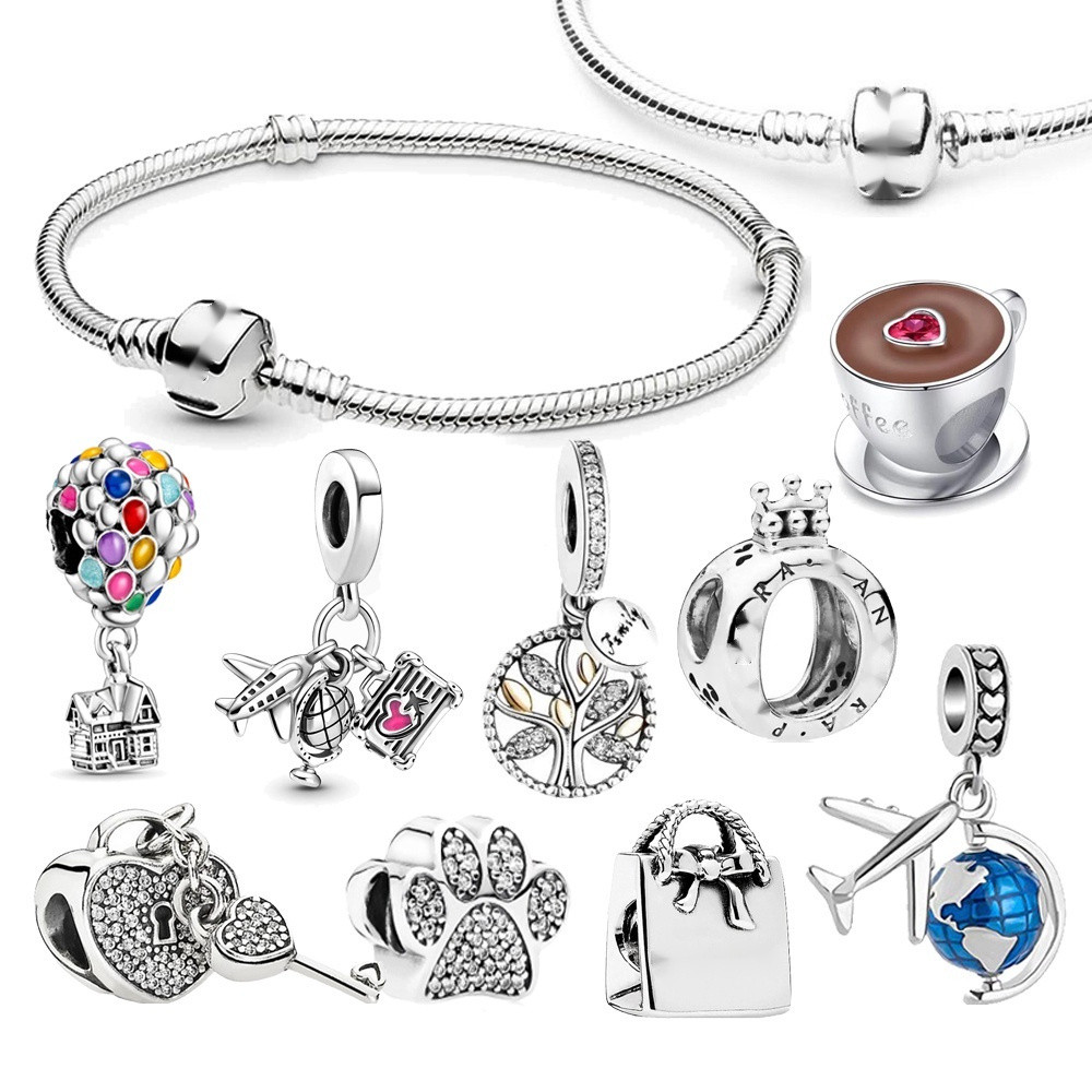 Pulseira prata 925 feminina pingente patinha cachorro e avião berloque acessório moderno