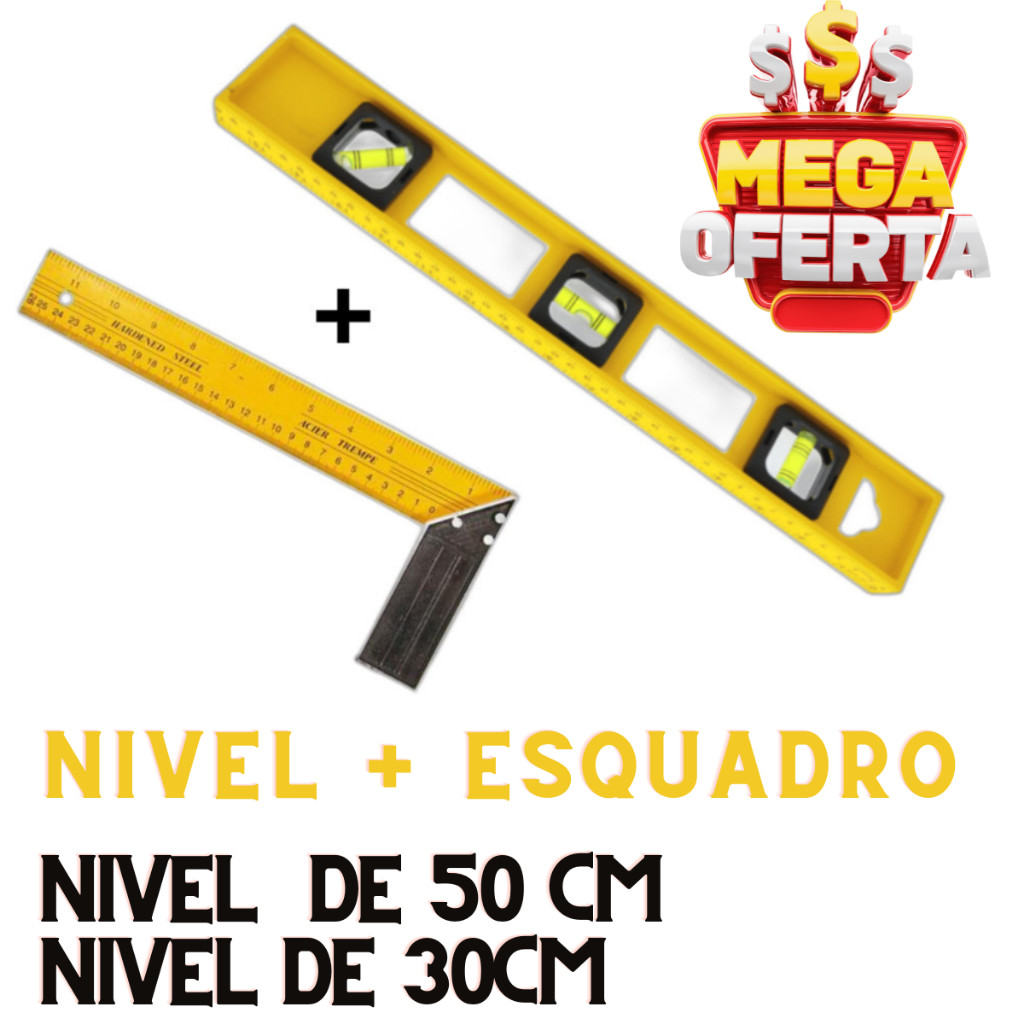Esquadro Régua Carpinteiro Pedreiro Metálico Aço  Kit Profissional e Nível Polímetro Pedreiro