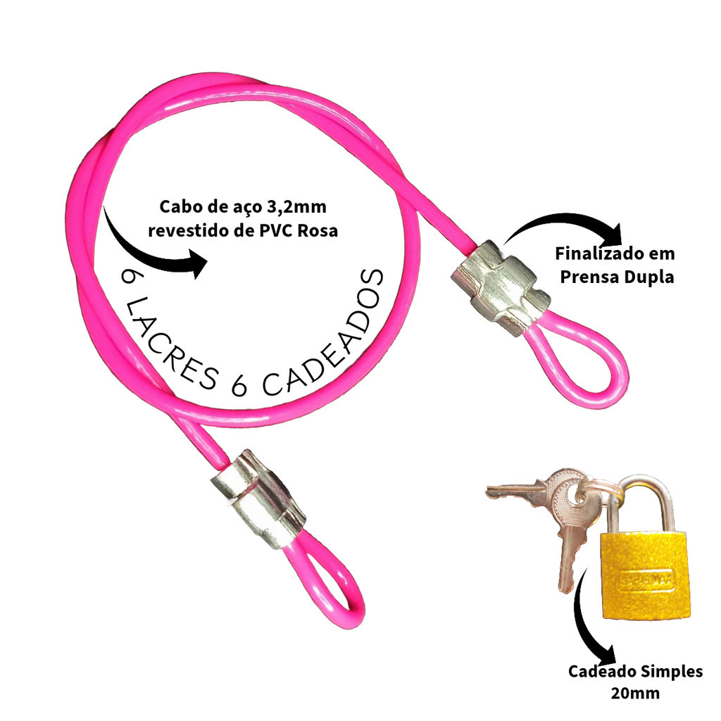 6 Cabos de Segurança 35cm Revestido PVC + 6 Cadeado 20mm bag Trava Ziper Malas Bagagens Capacete Bolsa Estrobo