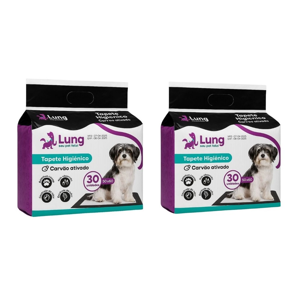 Kit 2un Tapete Carvão para Cachorro Higiênico com colante Pet 60x50cm 60 Unidades CARVÃO